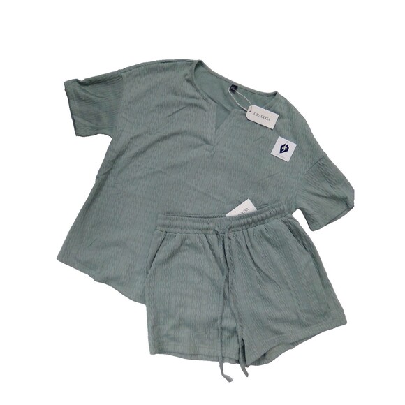 Oraulisa 2 Pc Short Sleeve Shirt V Neck Line Top & Shorts Set Size Small - Picture 1 of 5